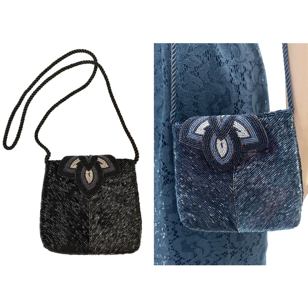 80s Art Deco Style Micheline Burke Black & Copper Beaded Shoulder Bag - Picture 3 of 11